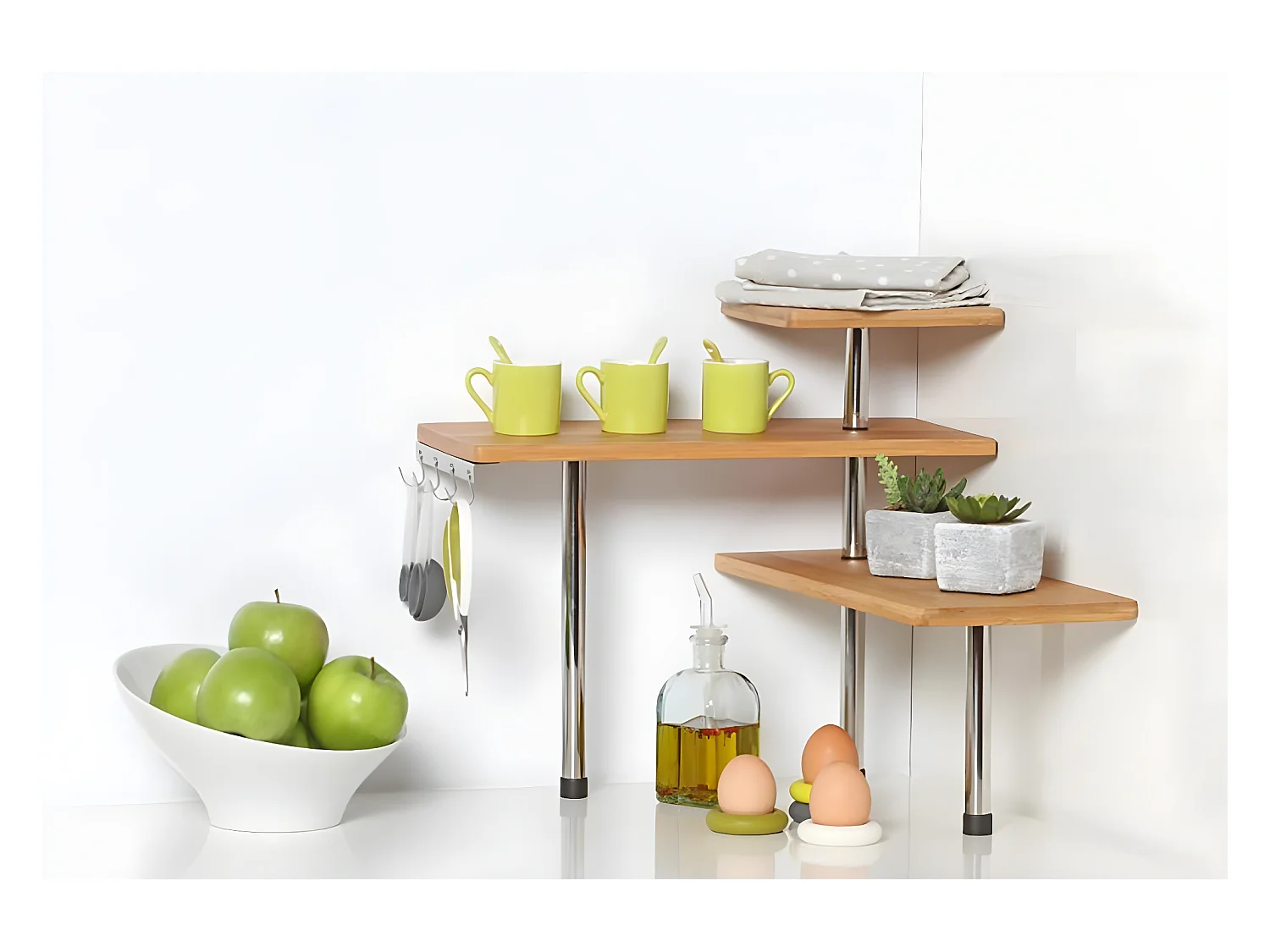 Étagère d'angle de cuisine avec 3 niveaux en bambou - Longueur 45 x Profondeur 43 x Hauteur 38,5 cm