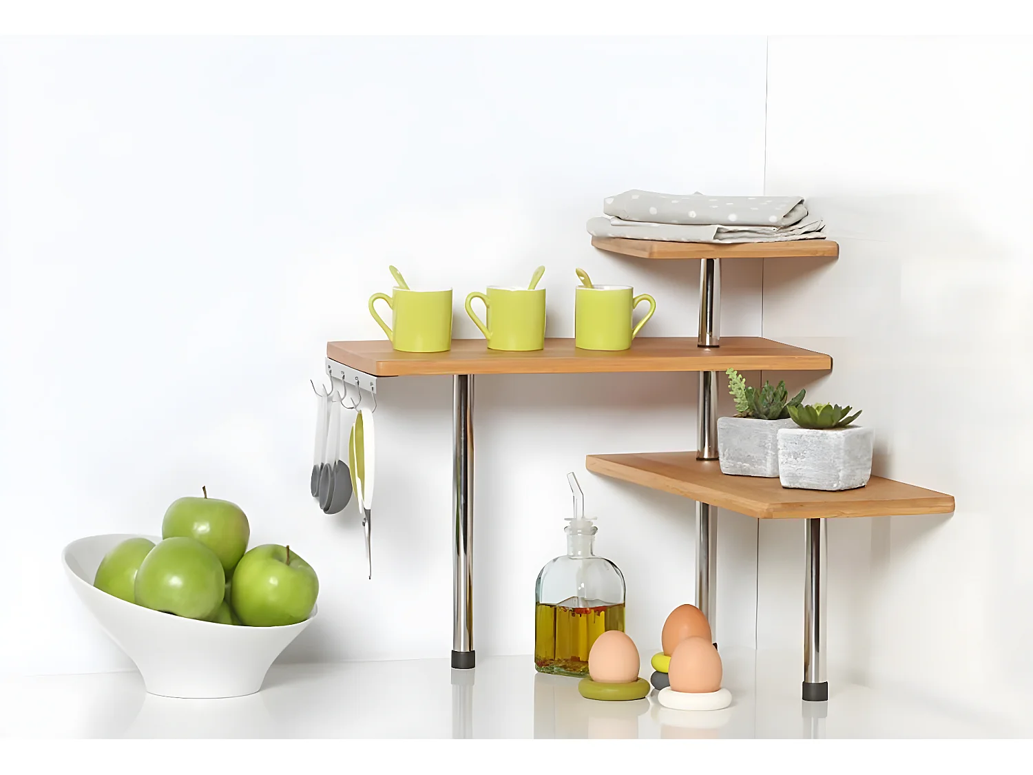 Étagère d'angle de cuisine avec 3 niveaux en bambou - Longueur 45 x Profondeur 43 x Hauteur 38,5 cm