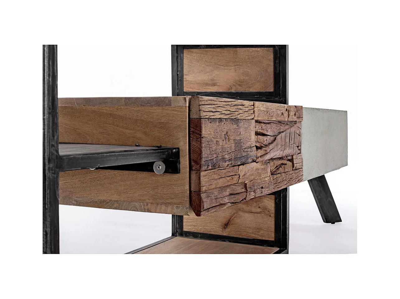 Industrieel TV-meubel met 2 laden in gerecycled mangohout en zwart staal Kramer 145 cm