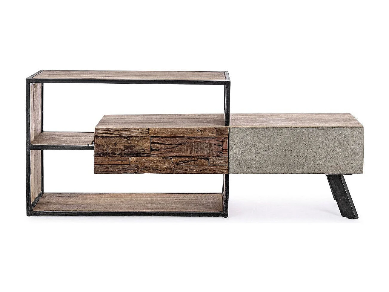 Meuble TV 2 tiroirs industriel bois de manguier recyclé et acier noir Kramer 145cm