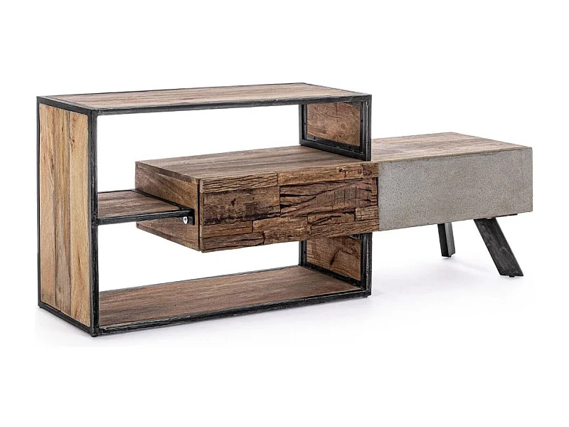 Meuble TV 2 tiroirs industriel bois de manguier recyclé et acier noir Kramer 145cm