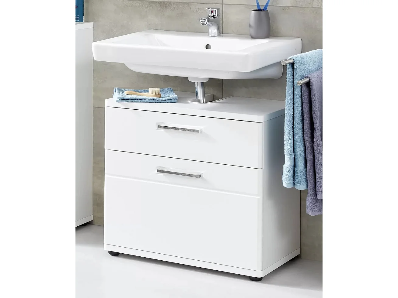 Meuble sous vasque 1 porte 1 tiroir mélaminé blanc Micko