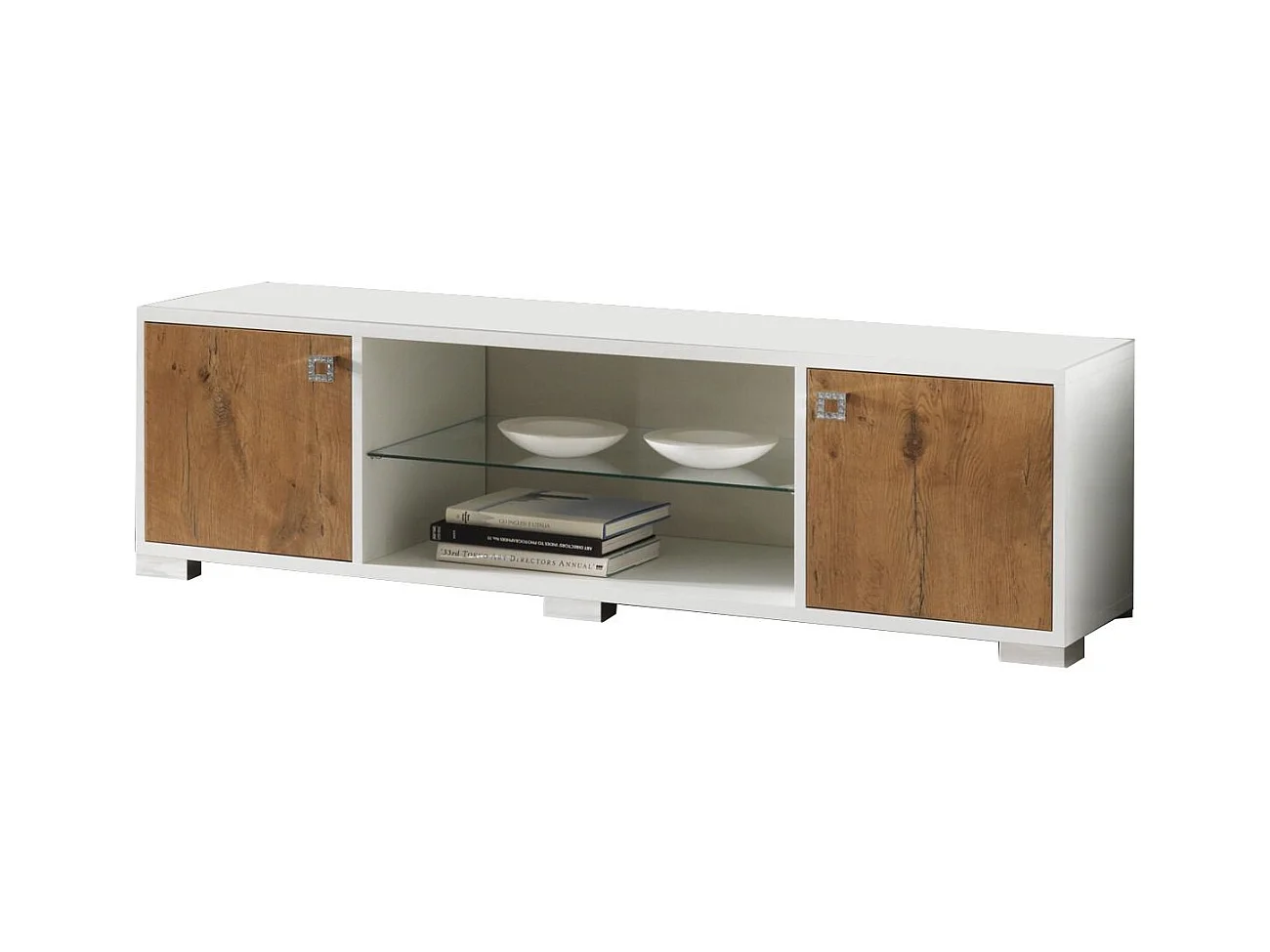 Meuble TV moderne bois Oak et blanc brillant Sting 160cm