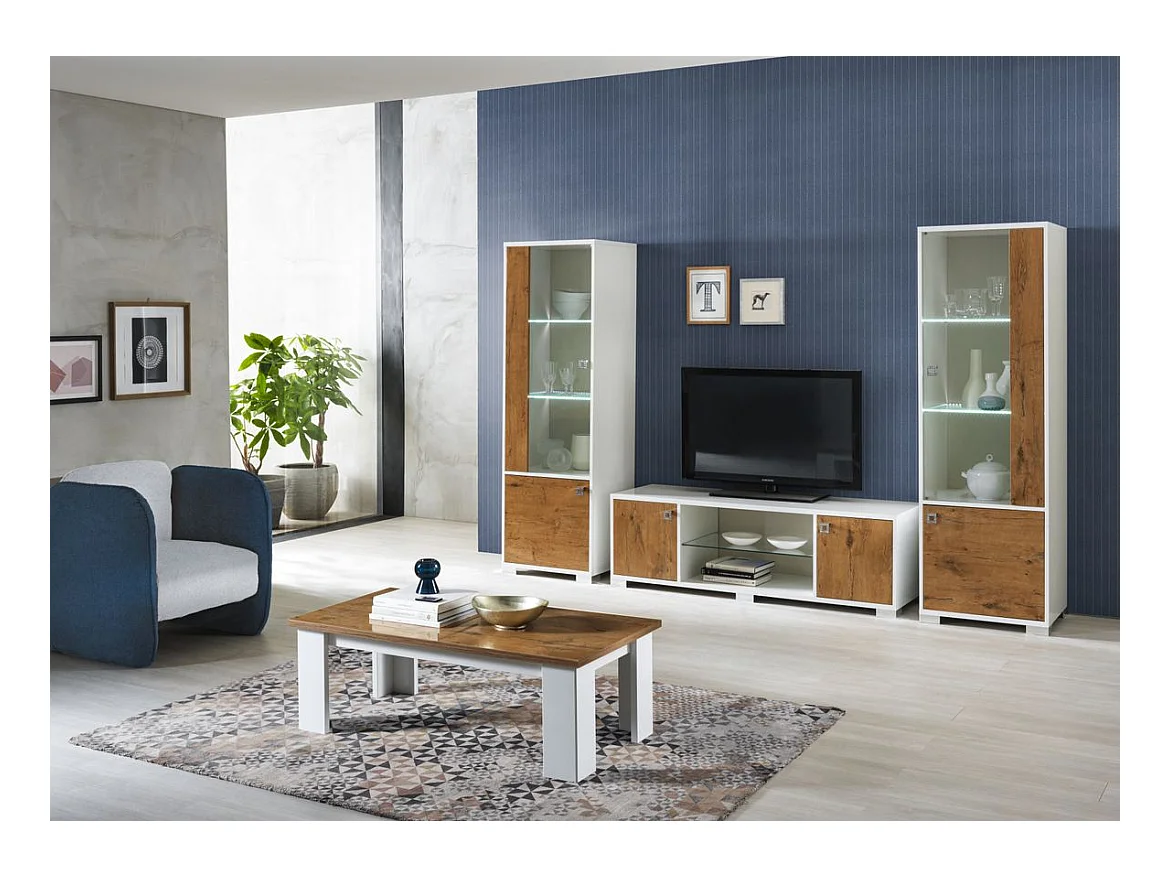 Meuble TV moderne bois Oak et blanc brillant Sting 160cm