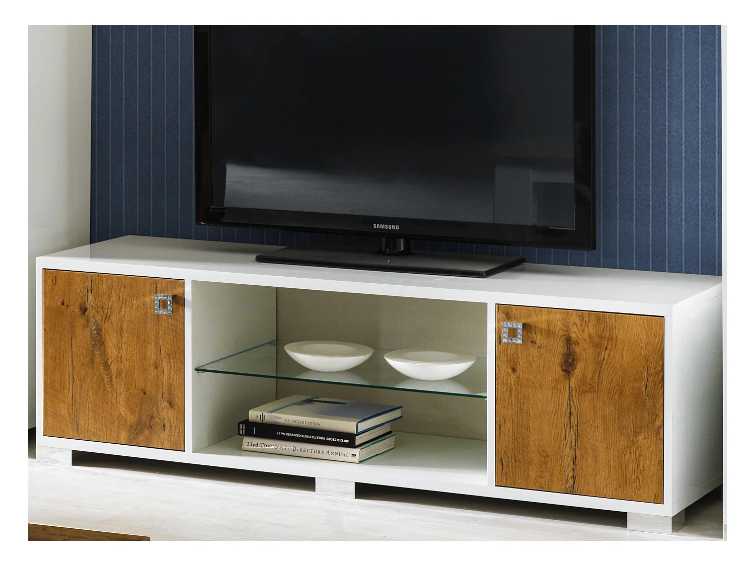 Meuble TV moderne bois Oak et blanc brillant Sting 160cm