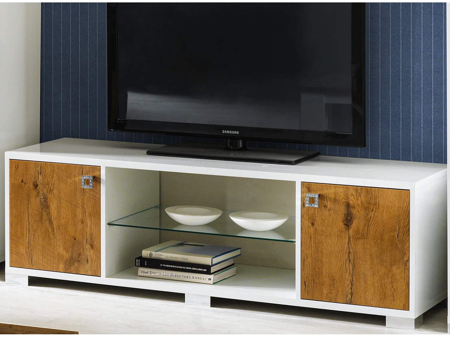 Meuble TV moderne bois Oak et blanc brillant Sting 160cm