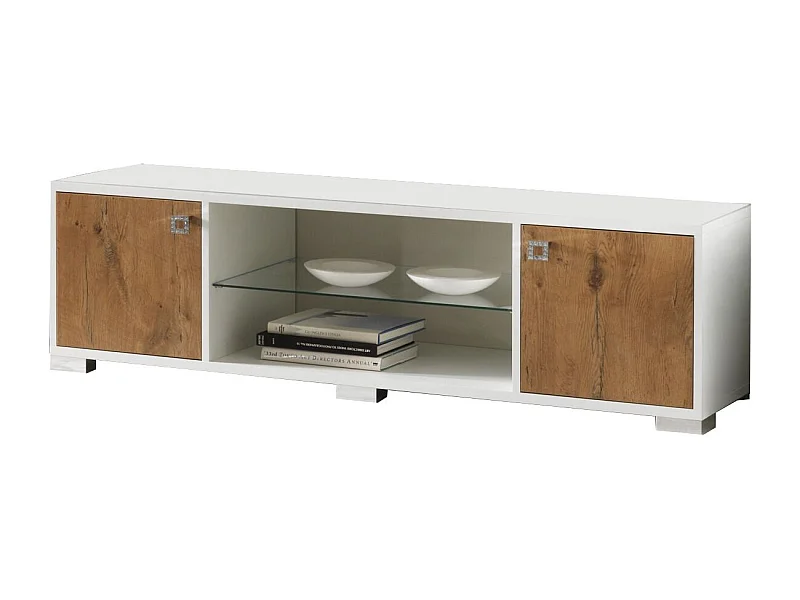 Meuble TV moderne bois Oak et blanc brillant Sting 160cm