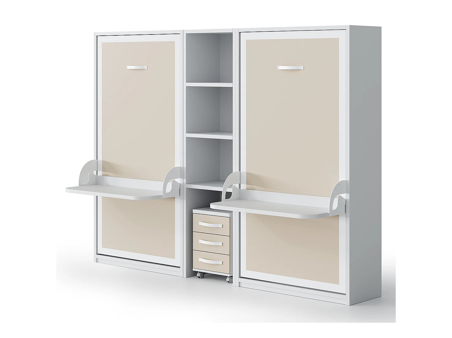 2 camas retráctiles de 90x190 con escritorio y estantería central Studante-Frente Topo