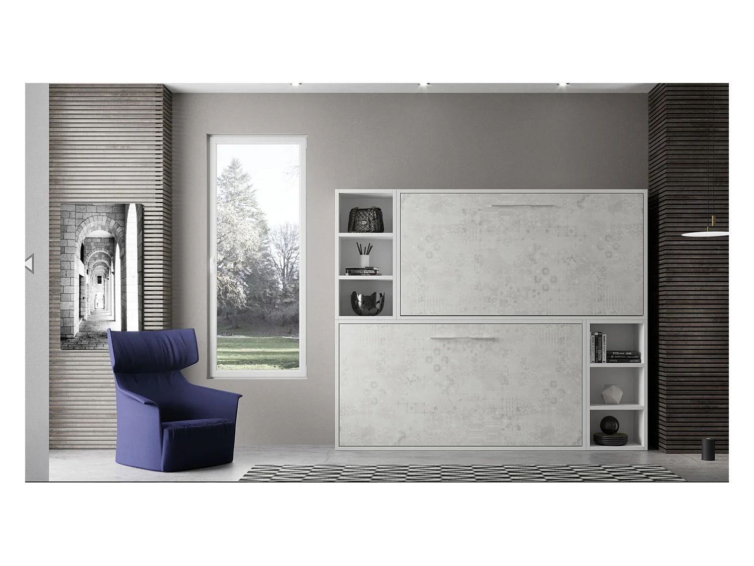 Lit escamotable superposé horizontal avec étagères BINKA-2 matelas-80x180-Cadre Blanc-Façade Chêne clair