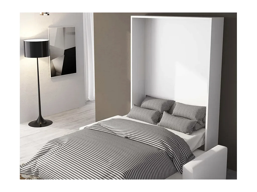 Lit escamotable vertical avec canapé tissu VALENCIA-Avec matelas-140x190-Canapé Marron-Structure Chêne clair