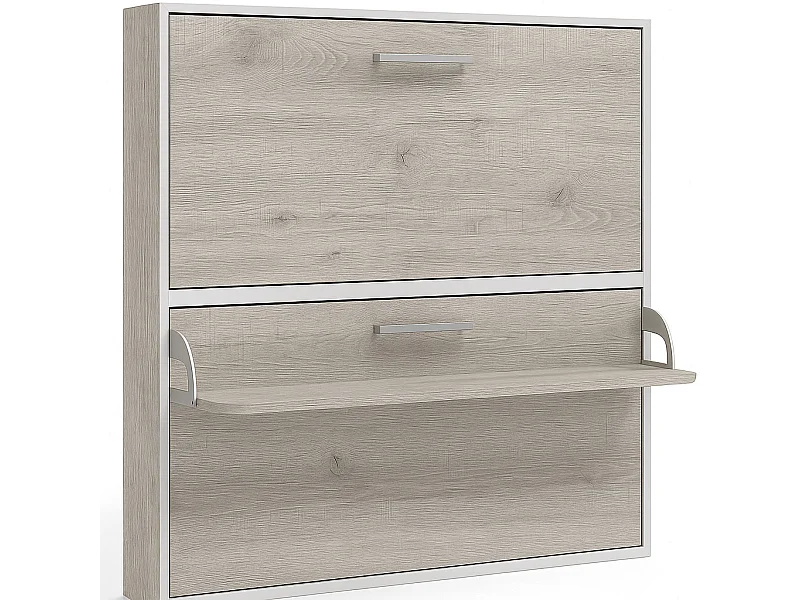 Lit escamotable horizontal superposé 90x200 STUDIO-2 matelas-Encadrement Chêne gris-Façade Chêne gris