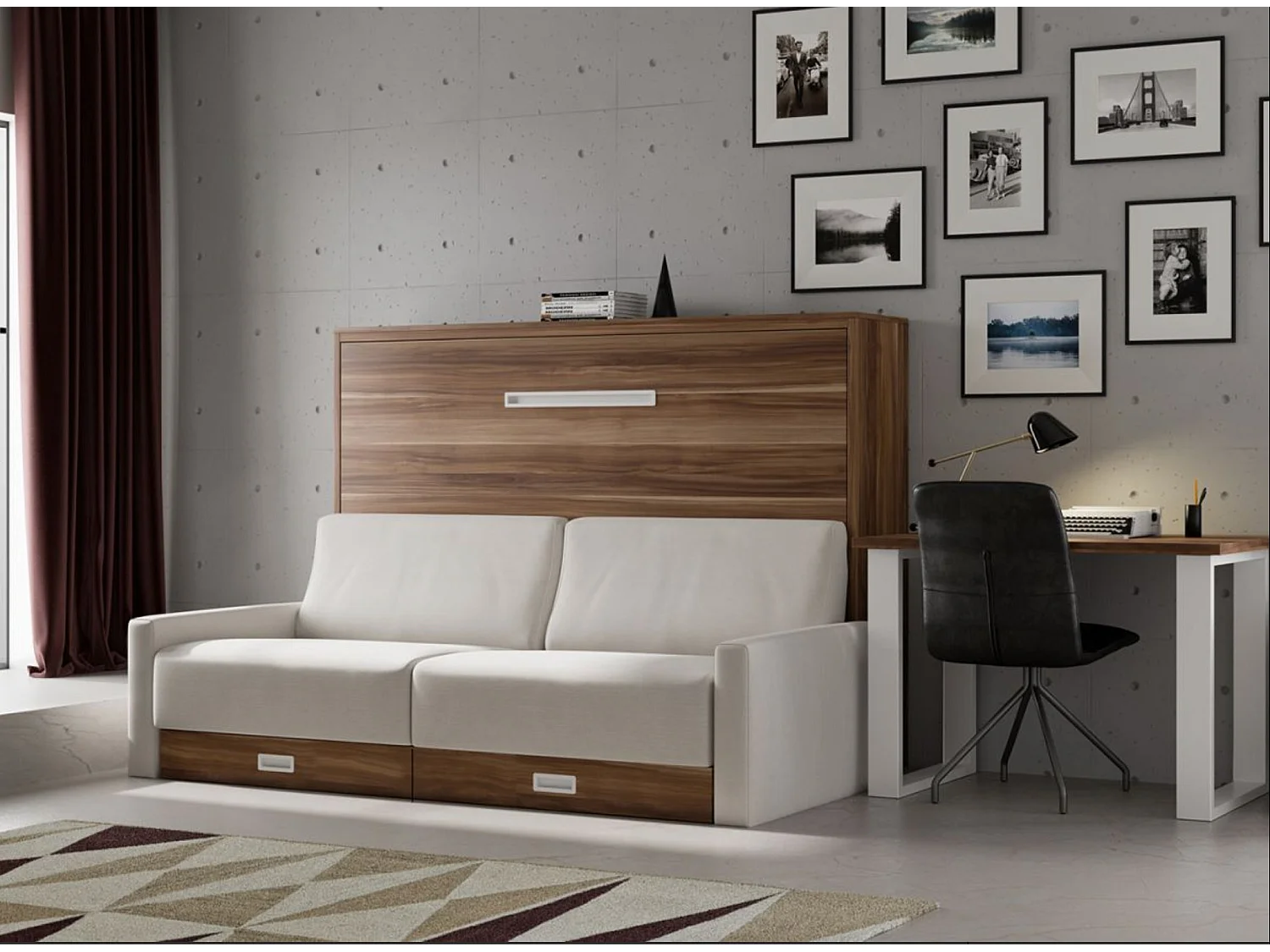 Lit escamotable horizontal avec canapé et rangement VETAL-150x190-Canapé Noir-Structure Blanche