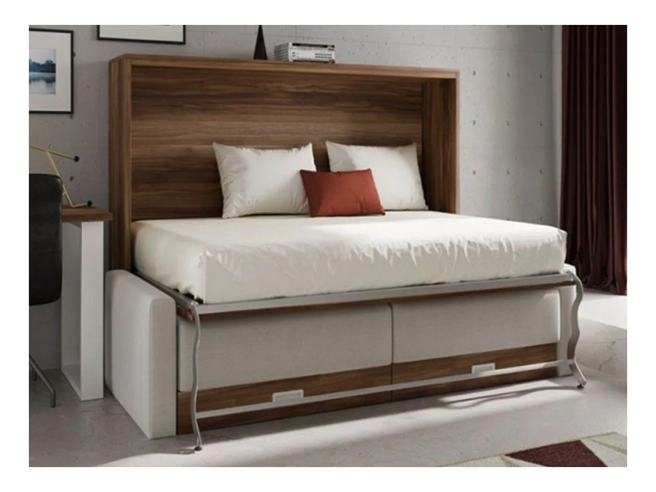 Lit escamotable horizontal avec canapé VETAL-120x200-Canapé Marron clair-Structure Blanche