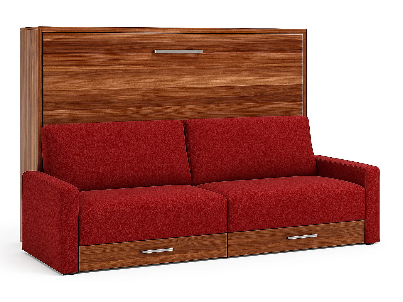 Lit escamotable horizontal avec canapé et rangement VETAL-160x200-Canapé Rouge-Structure Noyer