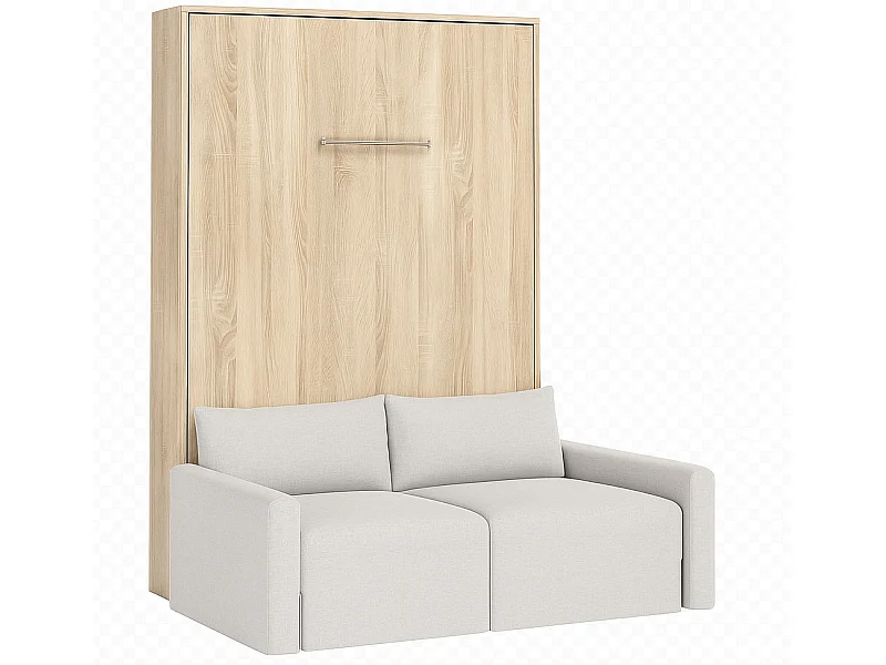 Lit escamotable vertical avec canapé tissu VALENCIA-Avec matelas-160x200-Canapé Beige-Structure Chêne clair