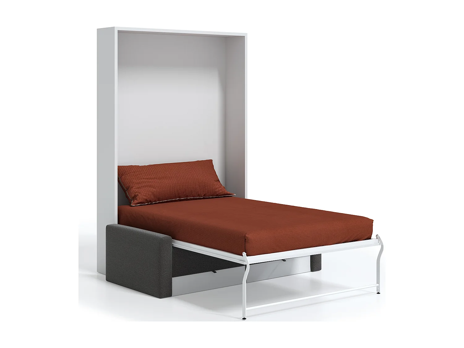 Lit escamotable vertical avec canapé tissu VALENCIA-Avec matelas-160x200-Canapé Rouge-Structure Blanche