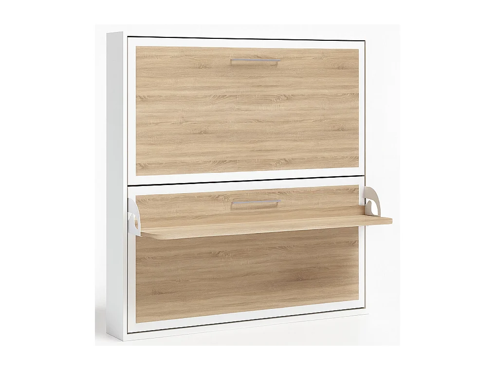 Lit escamotable horizontal superposé 90x180 STUDIO-Encadrement Blanc-Façade Ciment