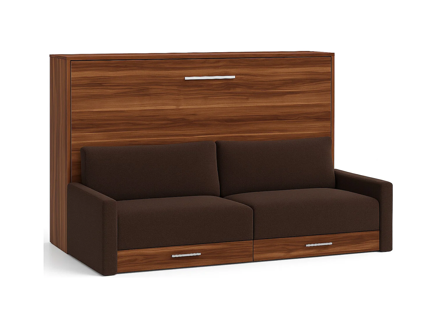 Cama abatible horizontal con sofá Veta-Ropa de cama 140x190 cm-Sofá Marrón oscuro-Estructura y fachada Nogal
