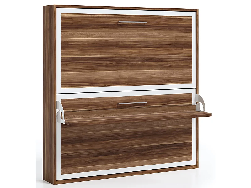 Lit escamotable horizontal superposé 90x180 STUDIO-2 matelas-Encadrement Noyer-Façade Noyer