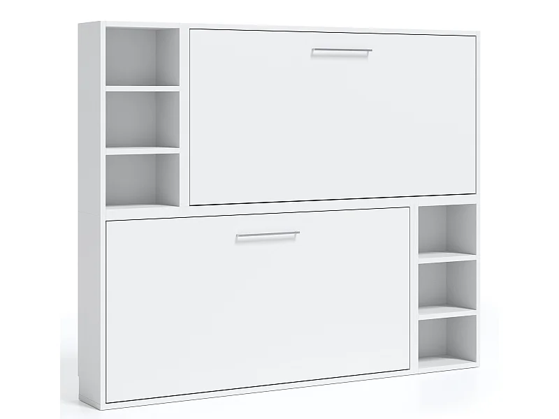 Lit escamotable superposé horizontal avec étagères BINKA-90x200-Cadre Blanc-Façade Blanche
