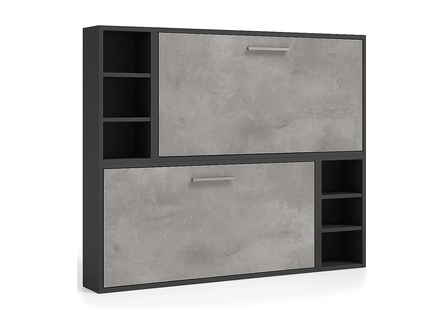 Lit escamotable superposé horizontal avec étagères BINKA-2 matelas-90x180-Cadre Anthracite-Façade Gris ciment