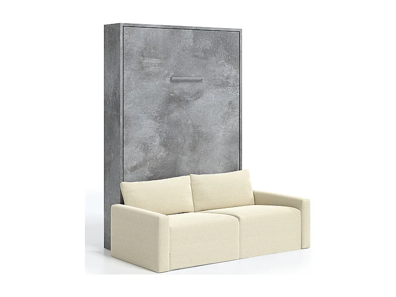 Lit escamotable vertical avec canapé tissu VALENCIA-160x200-Canapé Naturel-Structure Gris ciment