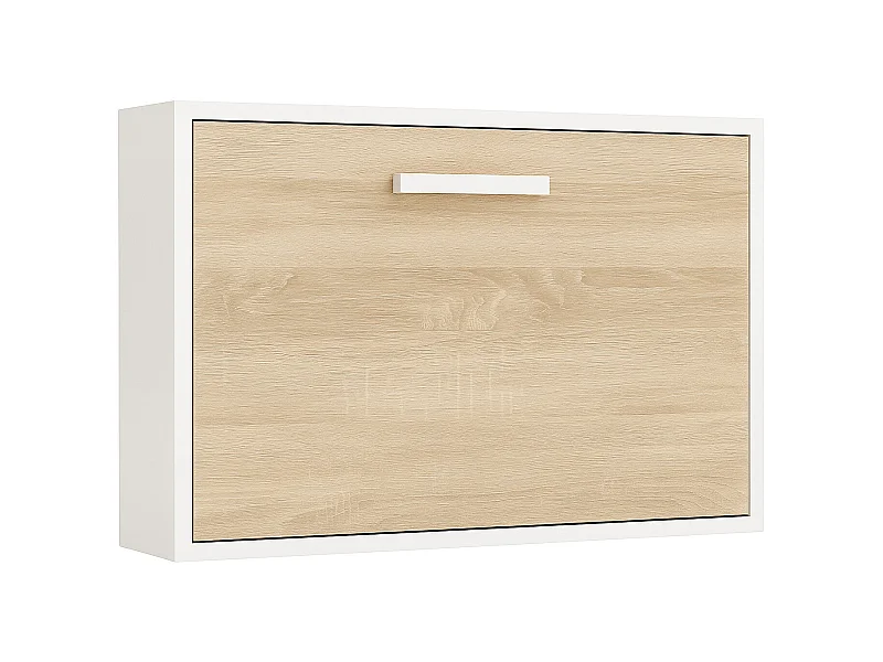 Lit escamotable horizontal OPTIMA-Avec matelas-140x180-Cadre Blanc-Façade Chêne clair