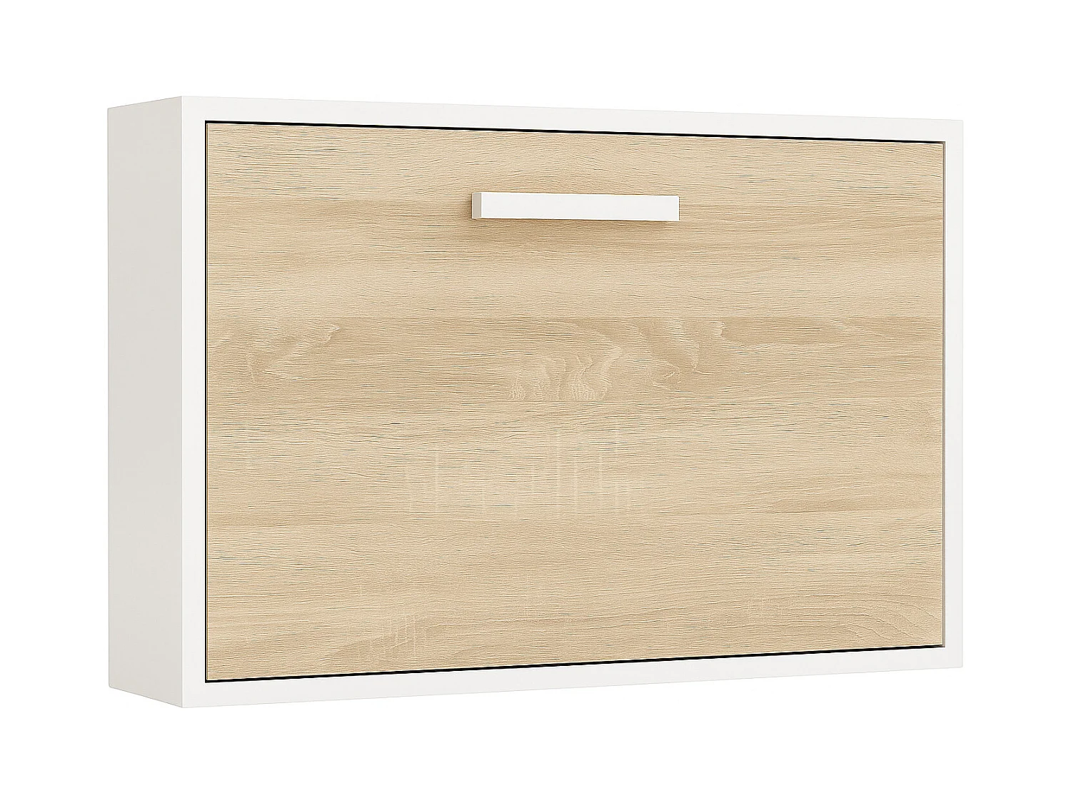 Lit escamotable horizontal OPTIMA-Avec matelas-140x180-Cadre Blanc-Façade Chêne clair