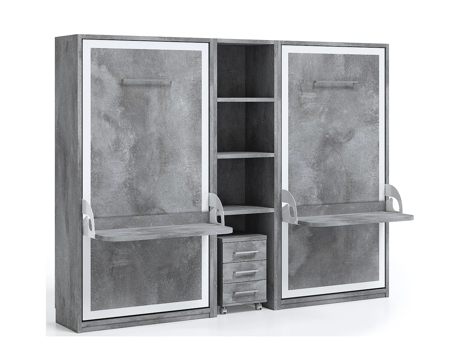 2 camas retráctiles de 90x190 con escritorio y estantería central Studante-Frente Gris antracita