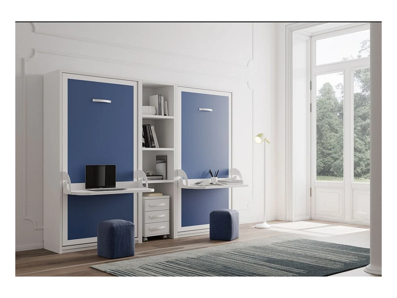 2 camas retráctiles de 90x190 con escritorio y estantería central Studante-Frente Gris antracita