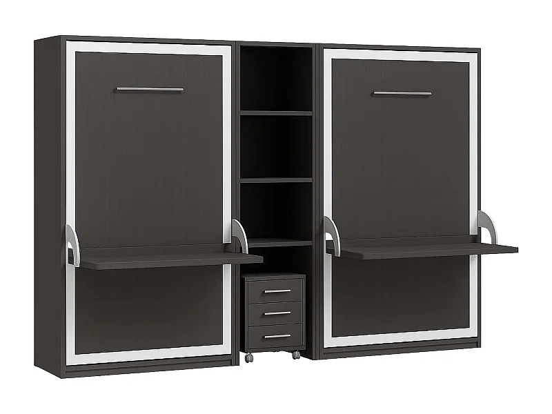 2 lits escamotables 90x190 avec bureau et étagère centrale STUDANTE-Façade Anthracite