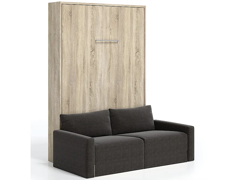 Lit escamotable vertical avec canapé tissu VALENCIA-80x180-Canapé Gris foncé-Structure Chêne clair