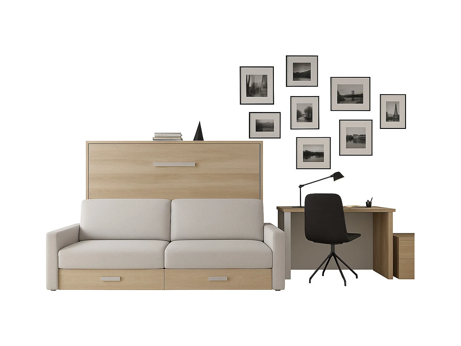 Lit escamotable horizontal avec canapé VETAL-140x200-Canapé Beige-Structure Cambrian