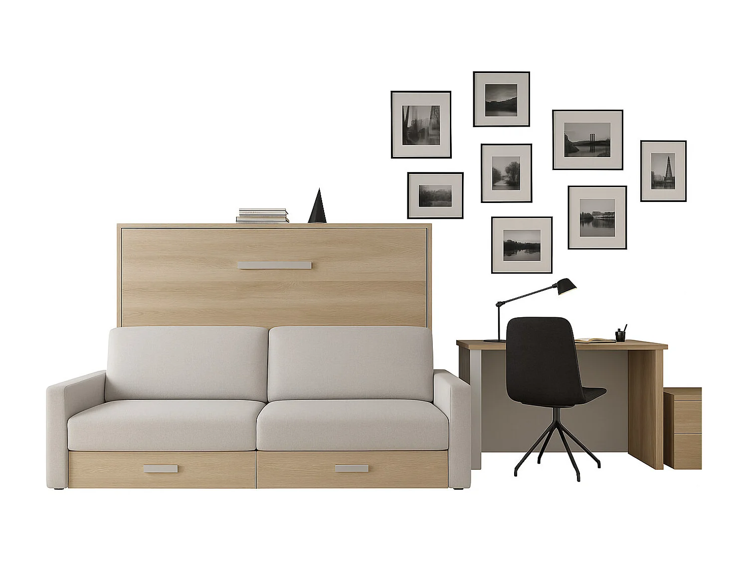 Lit escamotable horizontal avec canapé VETAL-140x200-Canapé Beige-Structure Cambrian