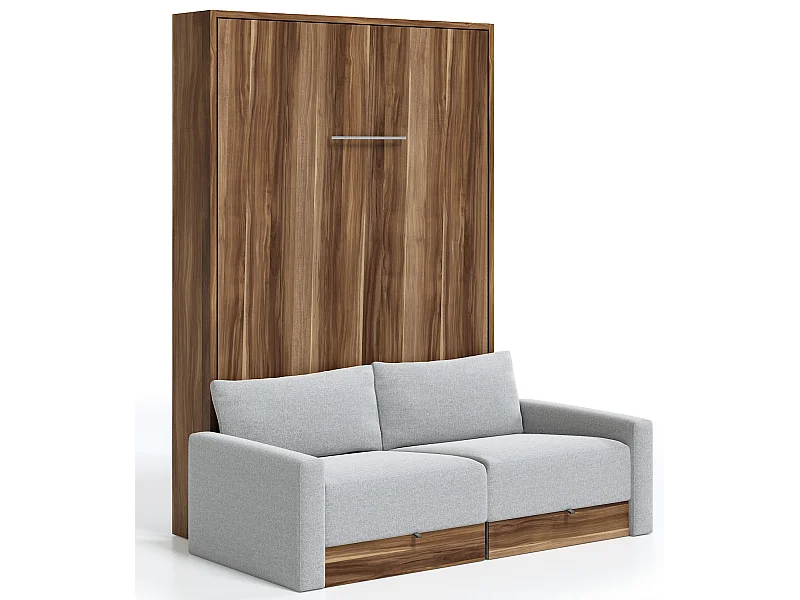 Cama vertical Valencia con sofá y cajones Gama alta-Con colchón-Ropa de cama 160x200 cm-Sofá Gris claro-Estructura y fachada Nogal