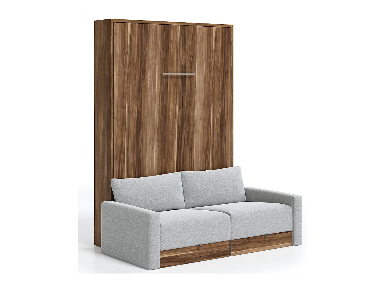 Cama vertical Valencia con sofá y cajones Gama alta-Con colchón-Ropa de cama 160x200 cm-Sofá Gris claro-Estructura y fachada Nogal