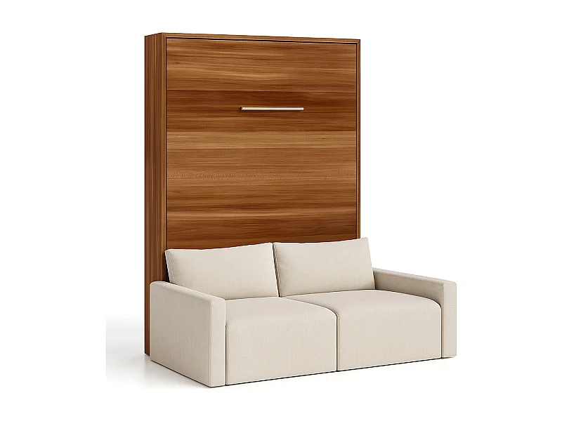 Lit escamotable vertical avec canapé tissu VALENCIA-160x200-Canapé Beige-Structure Noyer