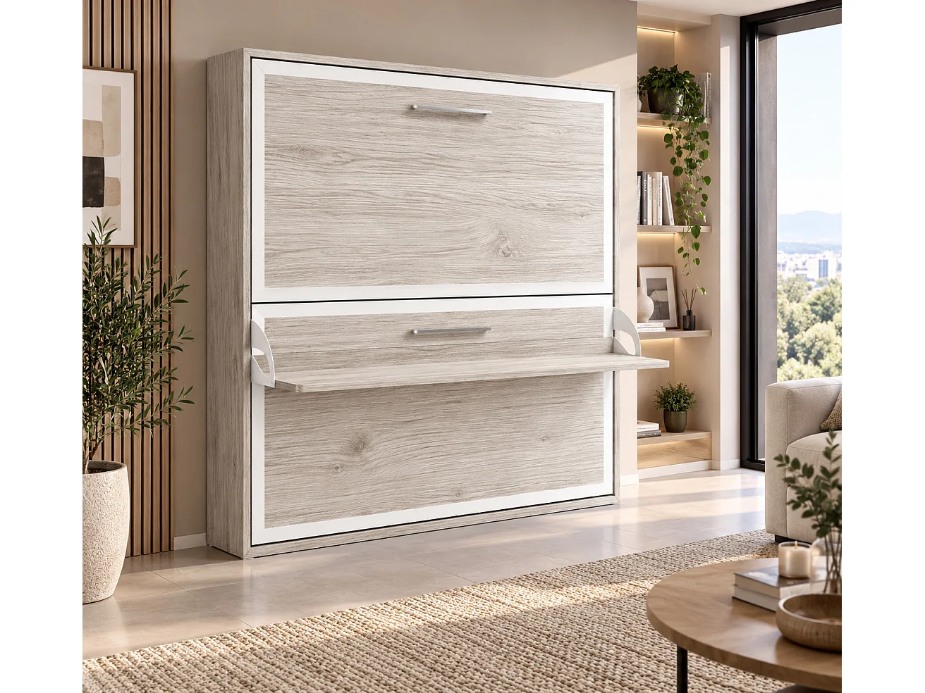 Lit escamotable horizontal superposé 90x180 STUDIO-Cadre Noyer-Façade Noyer