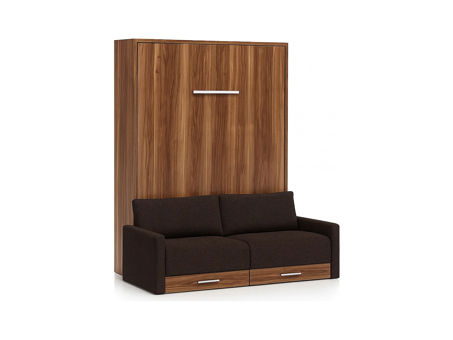 Lit escamotable vertical à tiroirs et canapé tissu VALENCIA-Avec matelas-80x180-Canapé Marron-Structure Noyer
