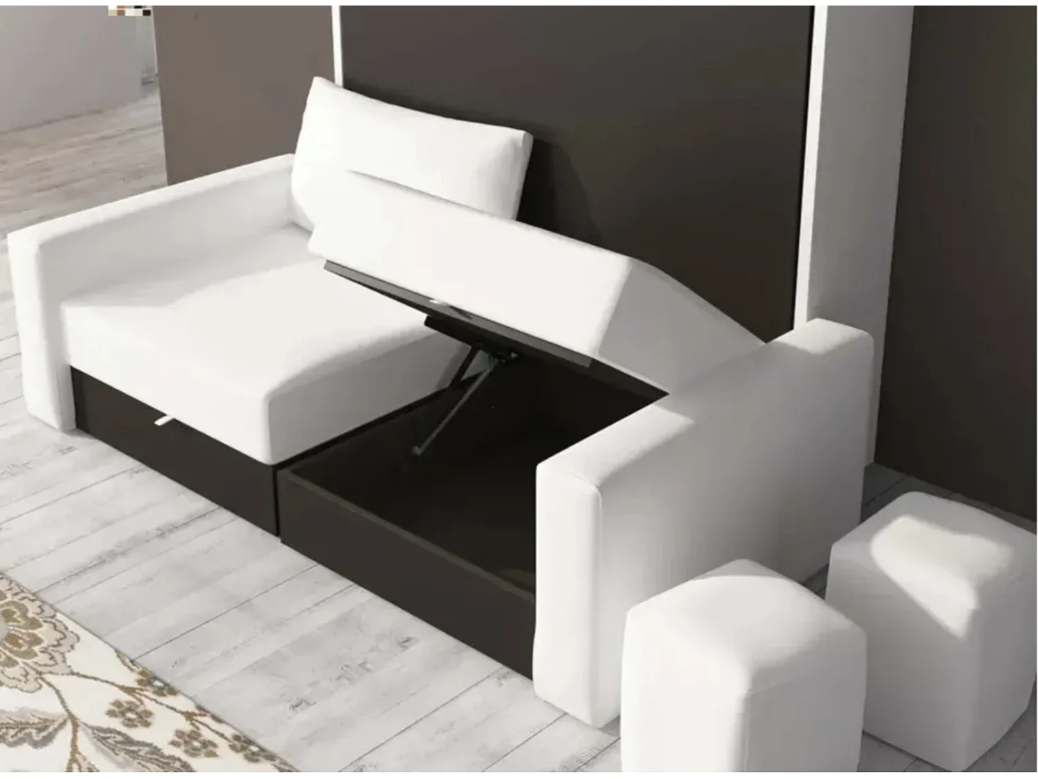 Lit escamotable vertical à tiroirs et canapé tissu VALENCIA-Avec matelas-80x180-Canapé Marron-Structure Noyer