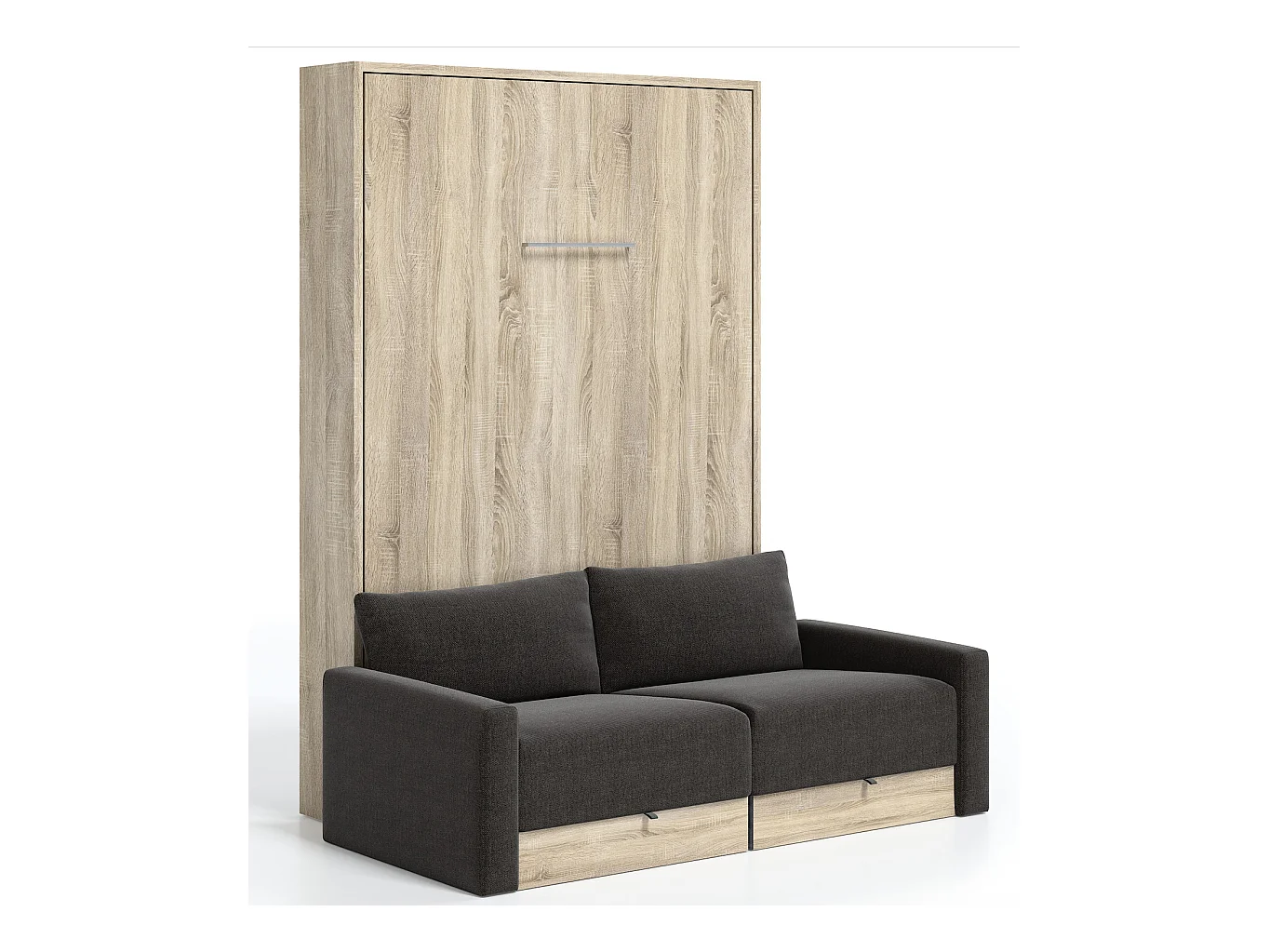 Lit escamotable vertical à tiroirs et canapé tissu VALENCIA-80x180-Canapé Marron-Structure Chêne clair