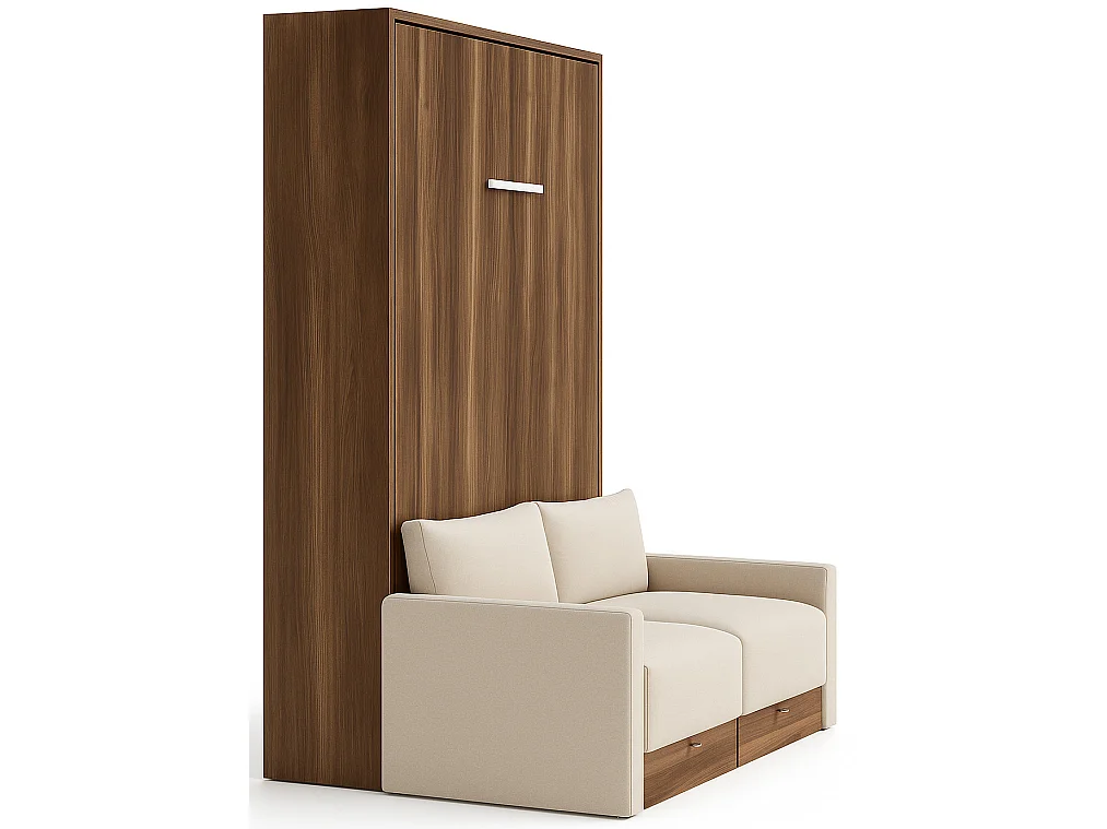 Lit escamotable vertical à tiroirs et canapé tissu VALENCIA-80x180-Canapé Marron-Structure Chêne clair