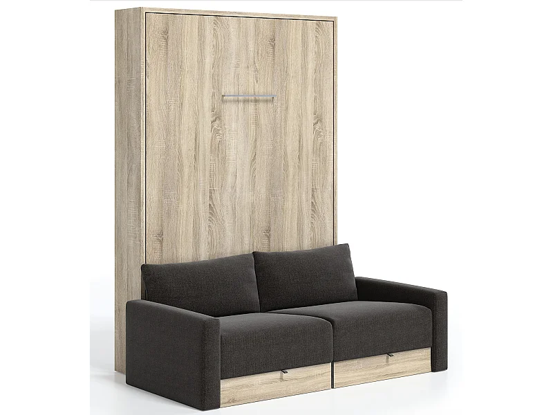 Lit escamotable vertical à tiroirs et canapé tissu VALENCIA-80x180-Canapé Marron-Structure Chêne clair