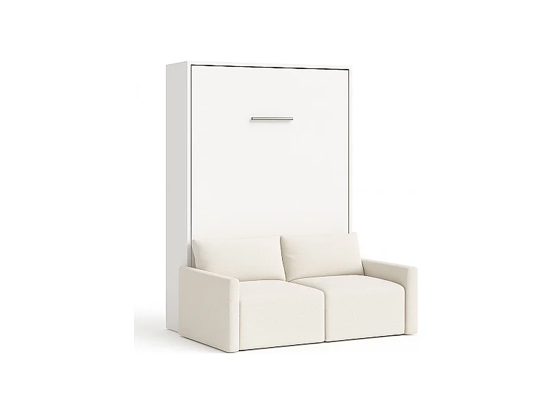 Lit escamotable vertical avec canapé tissu VALENCIA-Avec matelas-140x190-Canapé Naturel-Structure Blanche