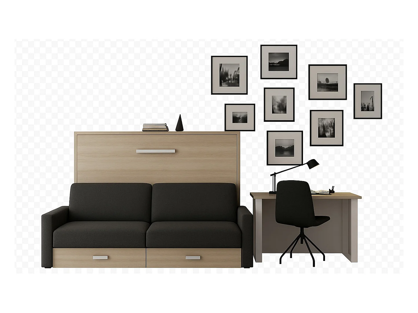 Lit escamotable horizontal avec canapé VETAL-160x200-Canapé Gris foncé-Structure Chêne clair