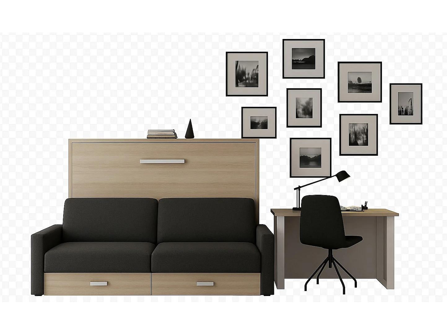 Lit escamotable horizontal avec canapé VETAL-160x200-Canapé Gris foncé-Structure Chêne clair