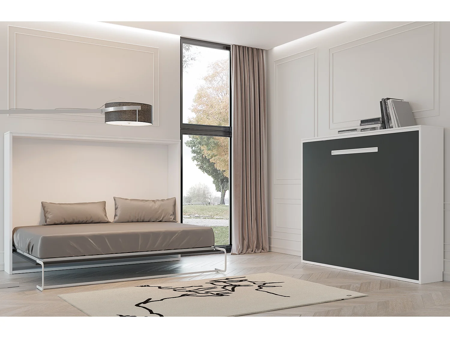 Lit escamotable horizontal OPTIMA-150x200-Cadre Blanc-Façade Chêne gris