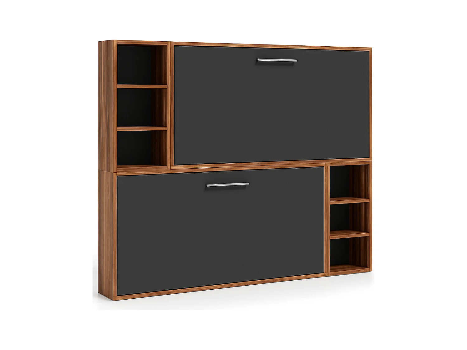 Lit escamotable superposé horizontal avec étagères BINKA-2 matelas-80x200-Cadre Noyer-Façade Anthracite