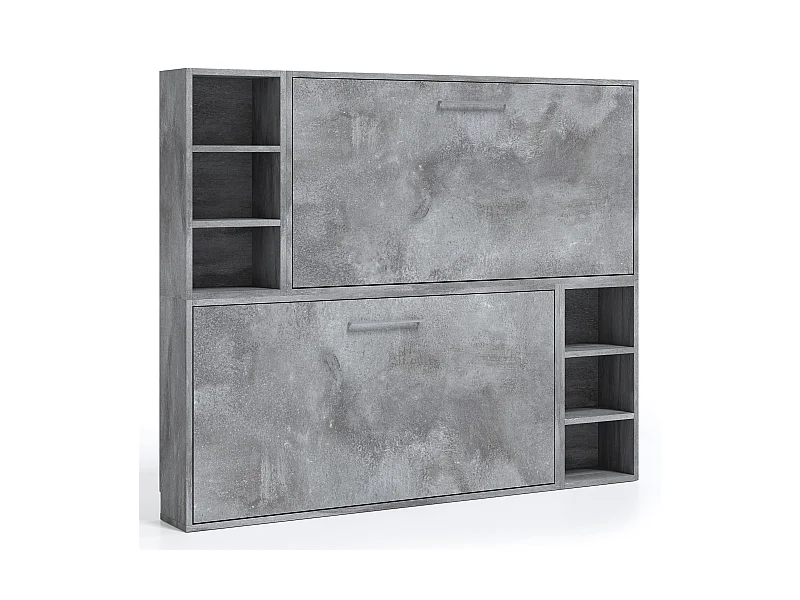 Lit escamotable superposé horizontal avec étagères BINKA-2 matelas-90x180-Cadre Gris ciment-Façade Gris ciment