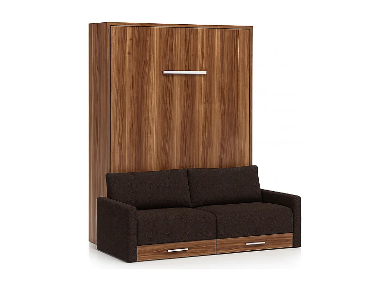 Lit escamotable vertical à tiroirs et canapé tissu VALENCIA-Avec matelas-160x200-Canapé Marron-Structure Noyer